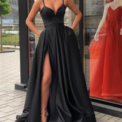 Black Prom Dress With Slit V-neck Long Prom Dress High Slit A-line ...