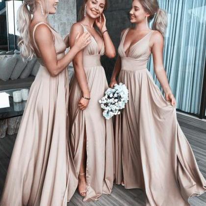 High Low Satin Birdesmaid Dress with V Neck Champagne main image 1