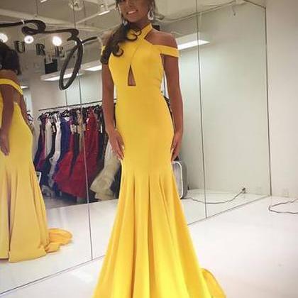 Pretty A Line Halter Yellow Satin High-Low Ruffle Hem Prom Dresses Formal Dress