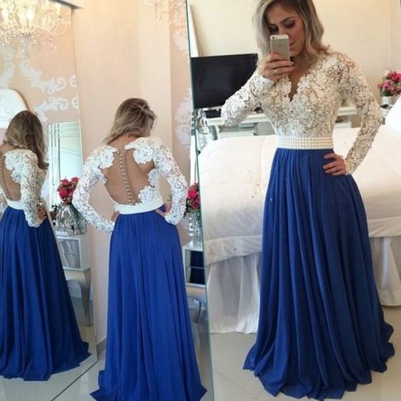 Luxury Blue Prom Dress,long Prom Dresses,lace Evening Dress,blue Evening Gown