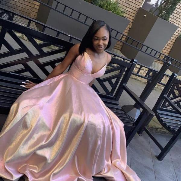 Pretty A line Spaghetti Straps Pink Satin Prom Dresses Birthday Outfits With Beads P2428