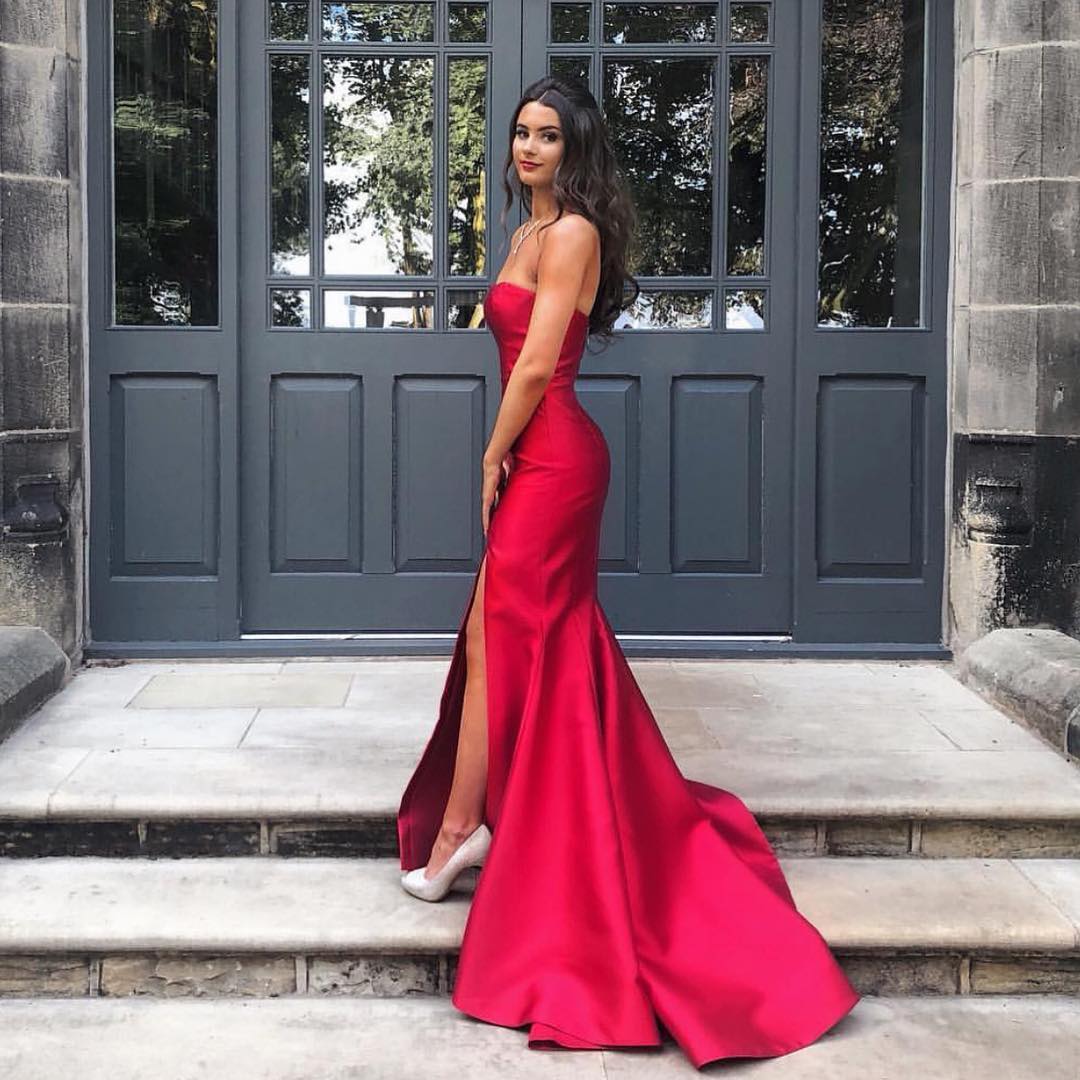 Formal Wear Dresses Sexy Red Slit Long Prom Dress Strapless Evening Dress/ Prom Shop Dresses